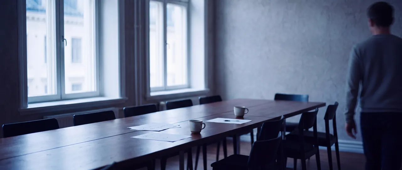 A long table in a quiet meeting room at dawn: chairs pulled back, a few papers and two coffee cups, as someone leaves the room.