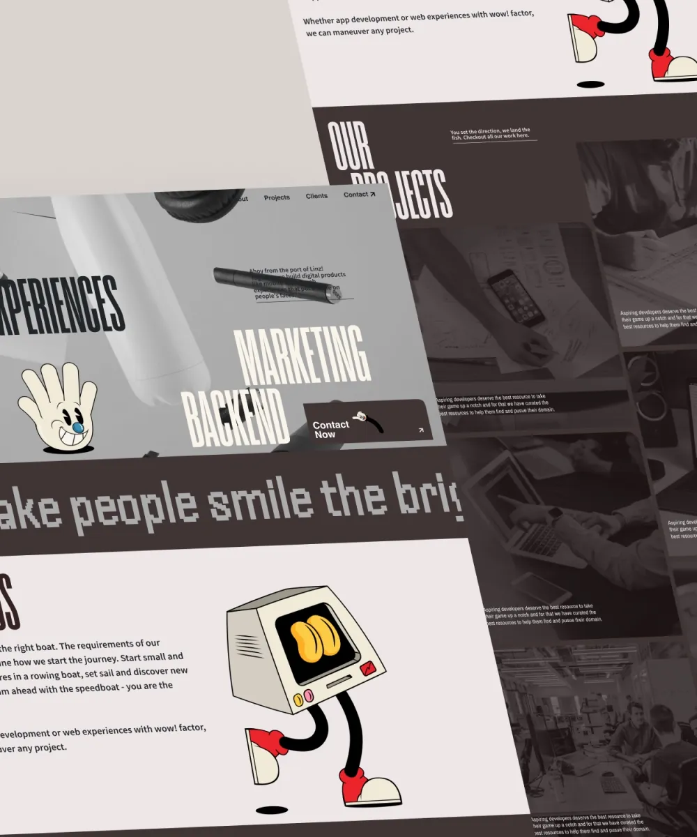 Pages of the AhoiKapptn website, with a cartoon computer and a waving glove.