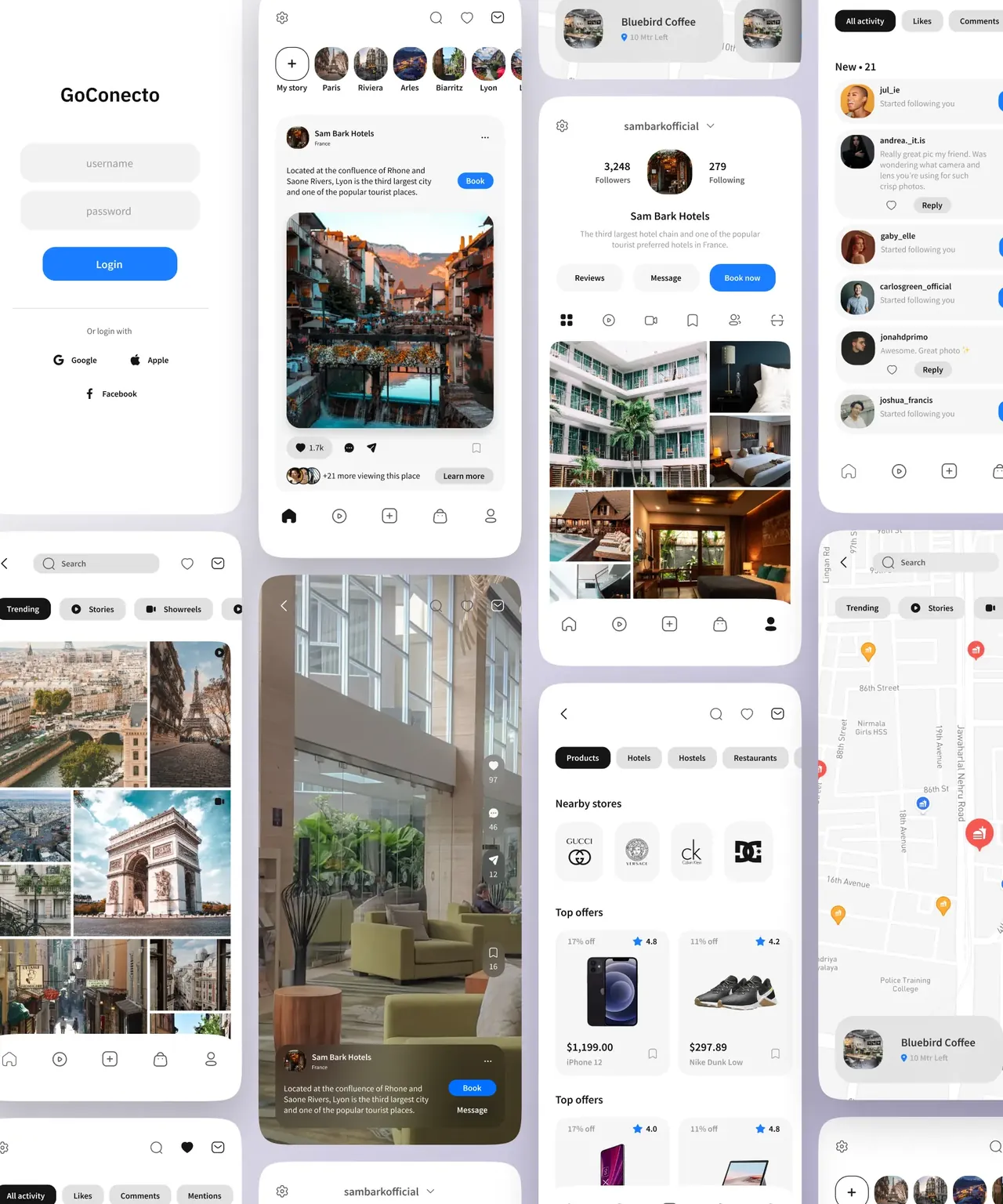 Screens of the Goconecto app, with places to stay and their photographs.