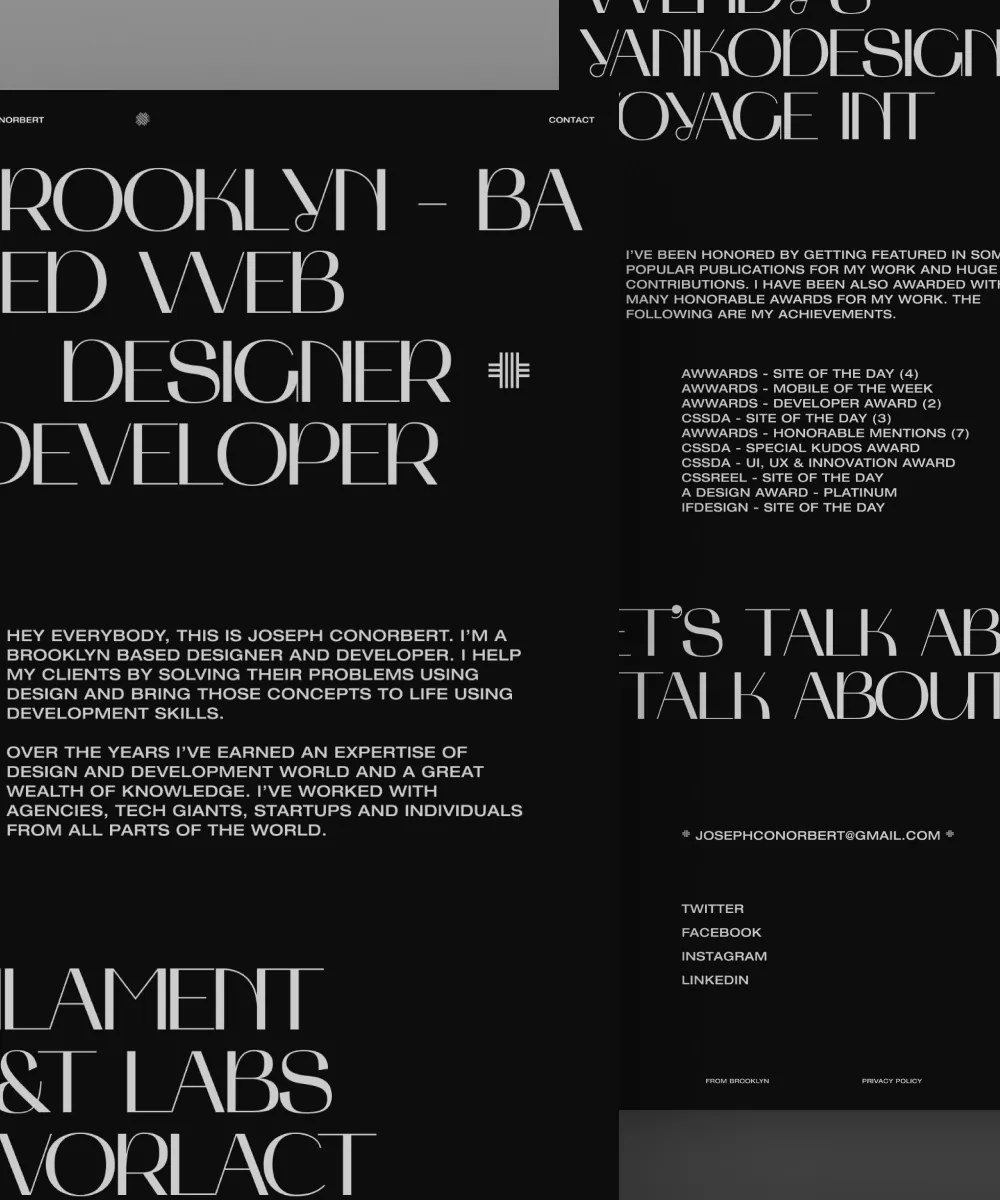 Joseph’s portfolio: “Brooklyn-based web designer and developer” in large type on black.
