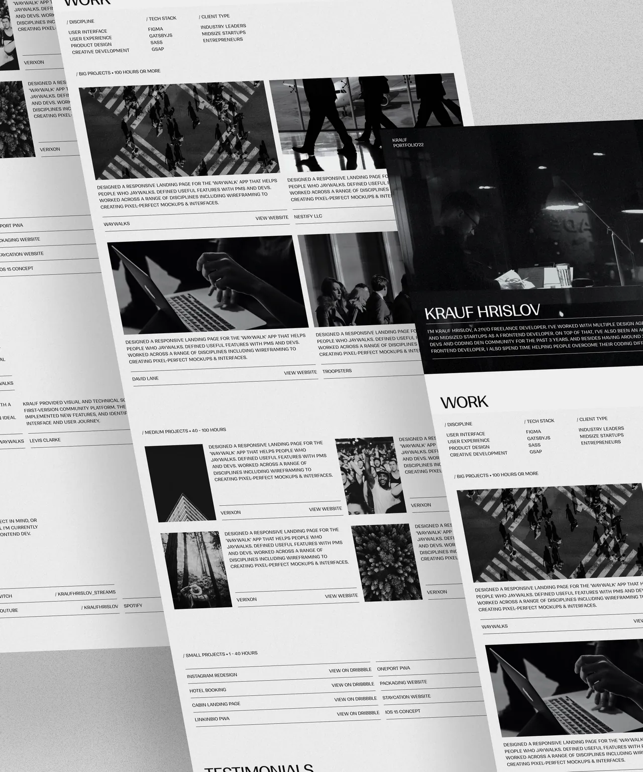 Krauf’s portfolio: black and white photographs on white pages.