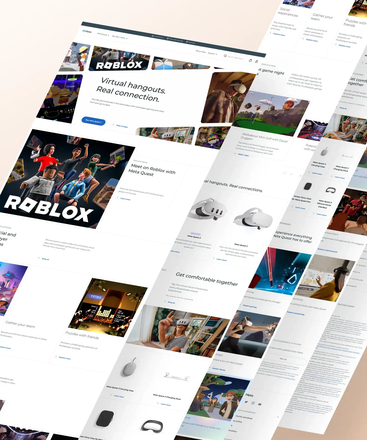 Pages of the Meta social website: virtual hangouts, Roblox, and the Quest headsets.