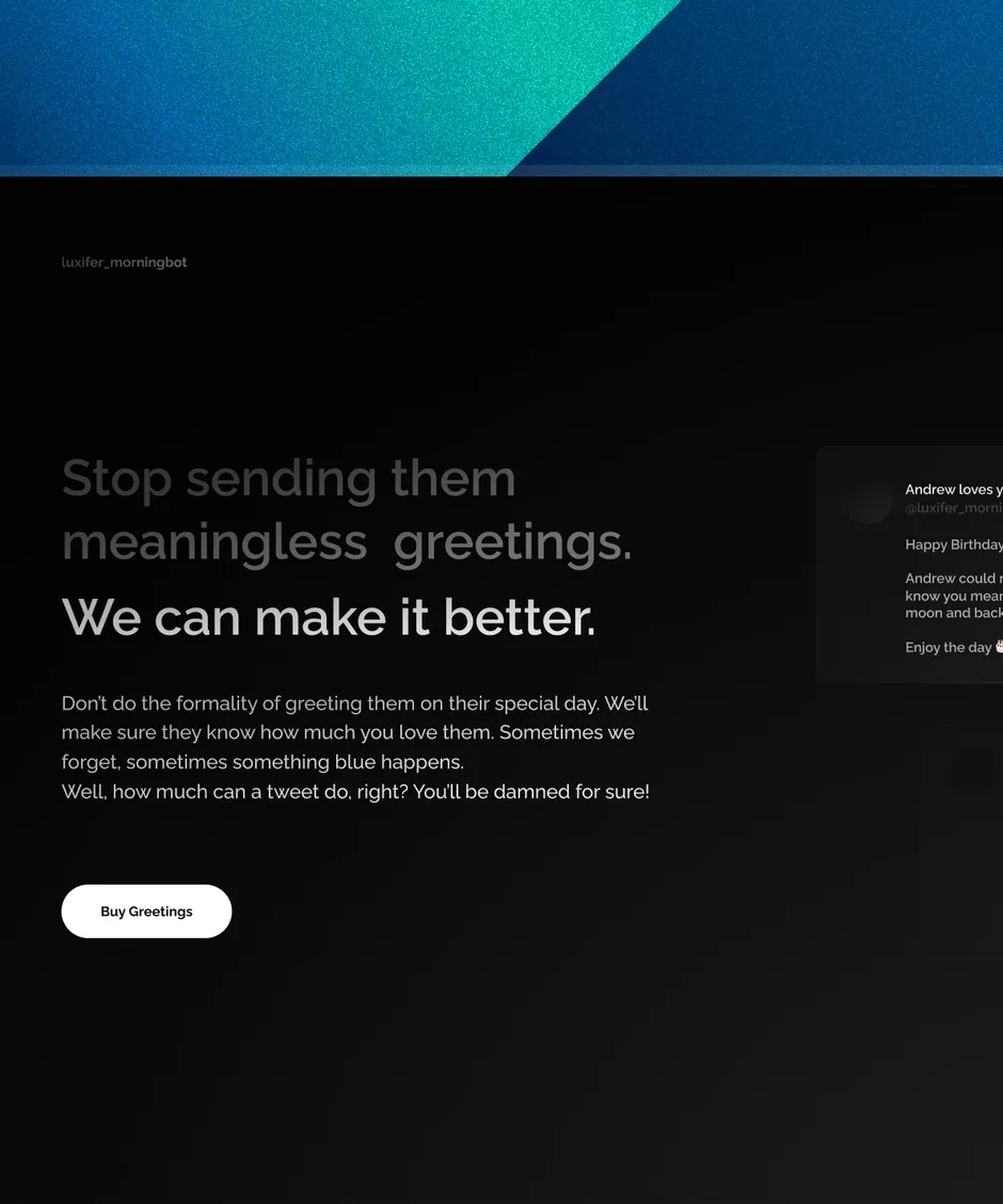 The Twitter bot website on black: “Stop sending them meaningless greetings.”