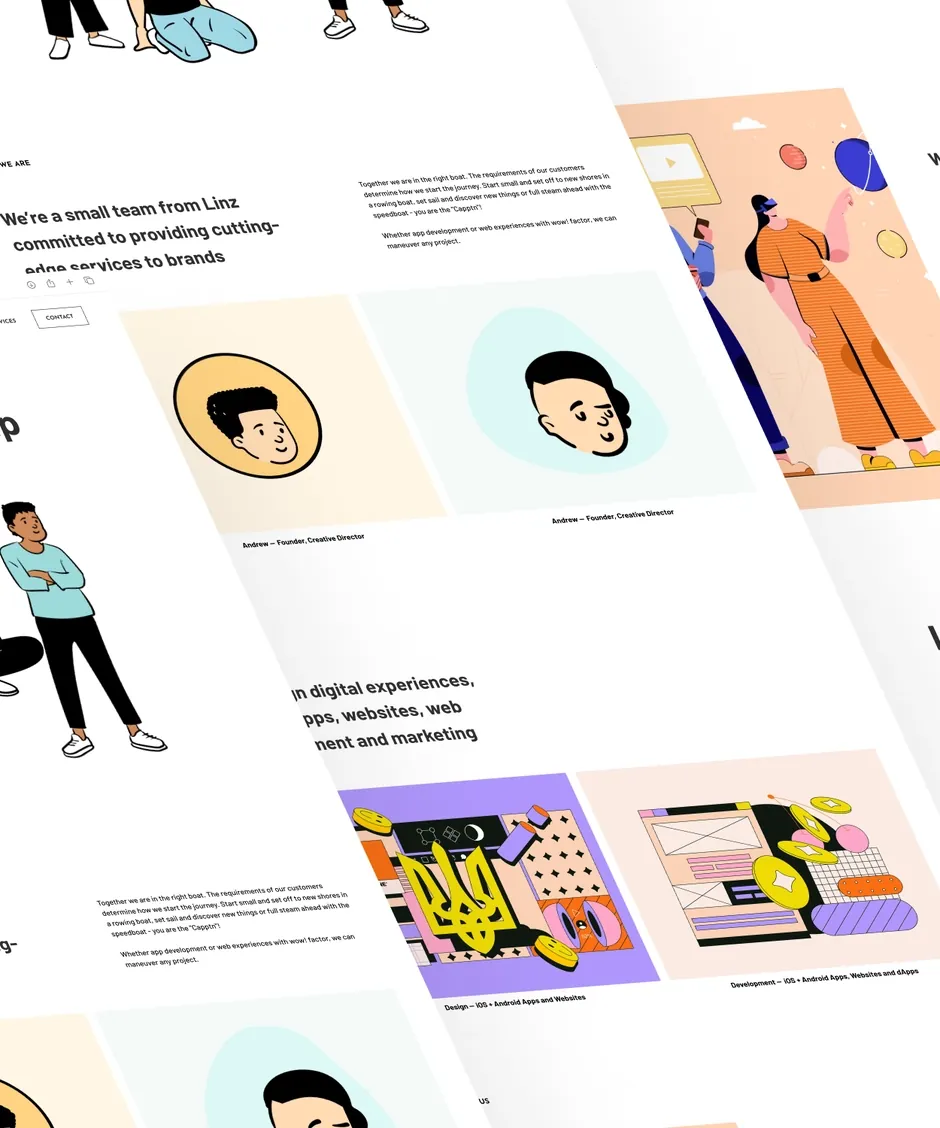 Pages of the Urbano website, with brightly drawn people.